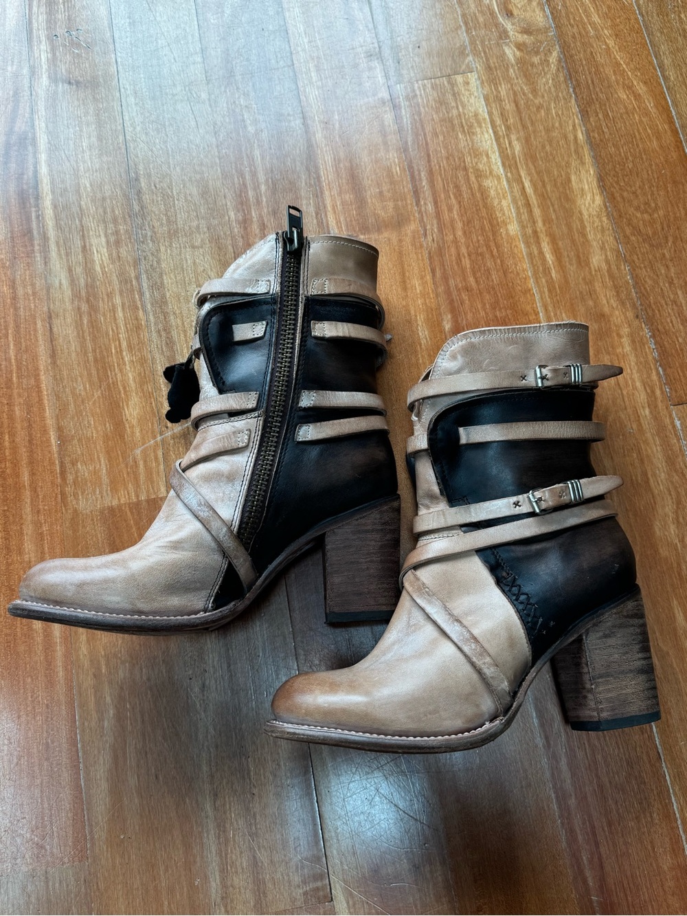 freebird Two-Tone Taupe and Black Leather Heeled Ankle Boots